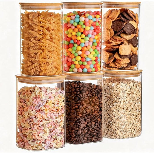 6-Pack Glass Food Storage Jars Set (3 Square + 3 Round), 37oz Airtight Clear Canisters with Bamboo Lids, Stackable Pantry Containers for Flour, Sugar, Rice, Pasta, Nuts, Candy & Spice Organization by YUNCANG