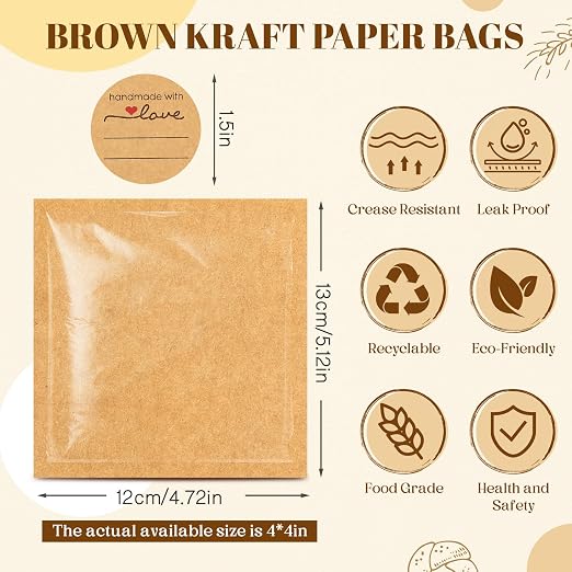 Outus 100 Pcs Cookie Packaging Bags with Seal, 4 x 4 Inch Bakery Pastry Bags with Window, Heat Sealable Grease Resistant Paper to Go Bake Sleeves for Gift Giving Donut Bread Sandwich (Brown) - Image 2