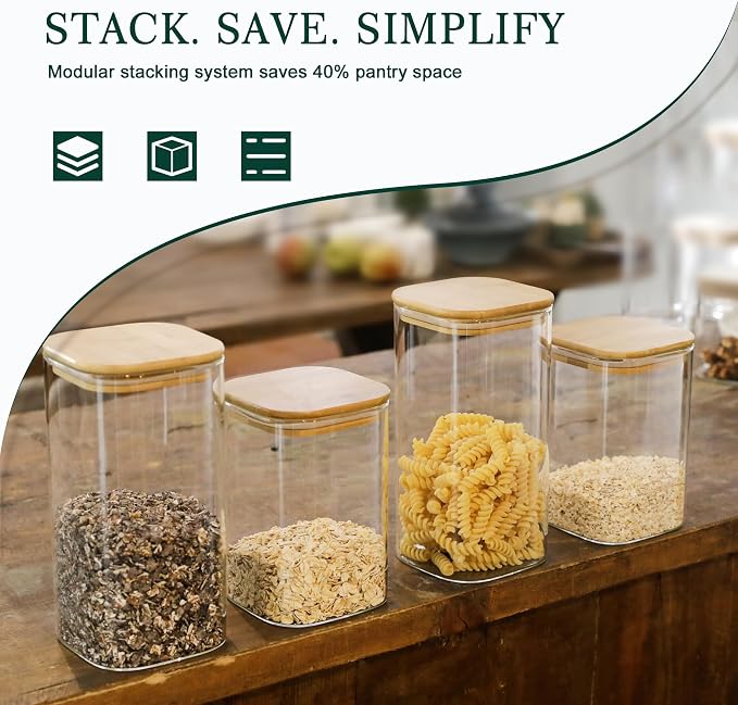 LIBWYS 12-Pack Glass Pantry Storage Jars with Bamboo Lids(0.76/1.22/1.67Qt) | Stackable Dry Food Containers for Pantry Organization, Coffee, Flour, Snacks, Tea, Pasta, Spaghetti | Kitchen Canisters Set - Image 4