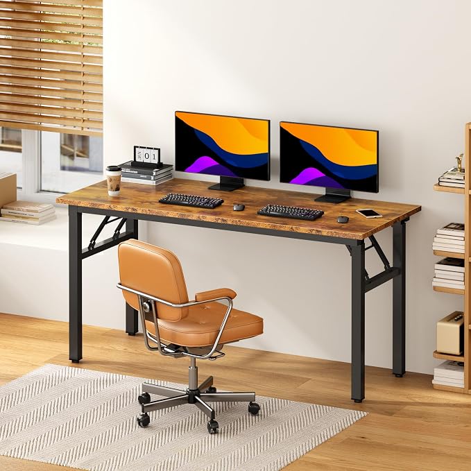 DlandHome 59.8 Inch Large Folding Computer Desk, Fully Assembled, Retro | Foldable Writing Table, Portable Activity Conference Table for Home Office, Wood Top Metal Frame, Collapsible Easy Storage - Image 2