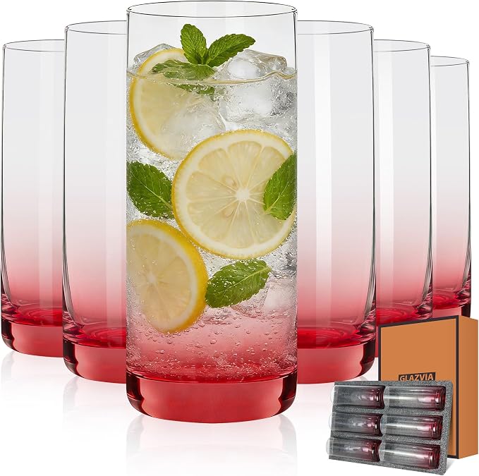 Red Highball Glasses Set of 6,13oz Red Drinking Glass Cups for Mixed Drink Cocktail, Beer, Mojito, Water and Juice,Thick Tall Crystal Glassware for Kitchen, Restaurant, Home Bar and Parties by GLAZVIAElegantGlass