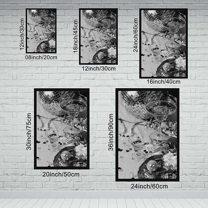 UXCBIA Disco Party, Champagne And Mirror Ball, Black And White, Wine Glasses Poster Canvas Poster Bedroom Decor Sports Landscape Office Room Decor Gift Black Frame 16x24in(40x60cm) - Image 2