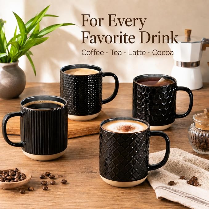 GBhome Large Coffee Mugs Set of 4, 16oz Handmade Stoneware Coffee Mugs Set with Large Handle for Cappuccino/Latte/Tea/Hot Cocoa, Dishwasher & Microwave Safe, Black - Image 6