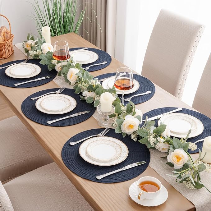 SHACOS Round Placemats Set of 4 Washable 15 inch Round Table Mats Cotton Polyester Woven Braided Place Mats for Dining Table, Navy - Image 3