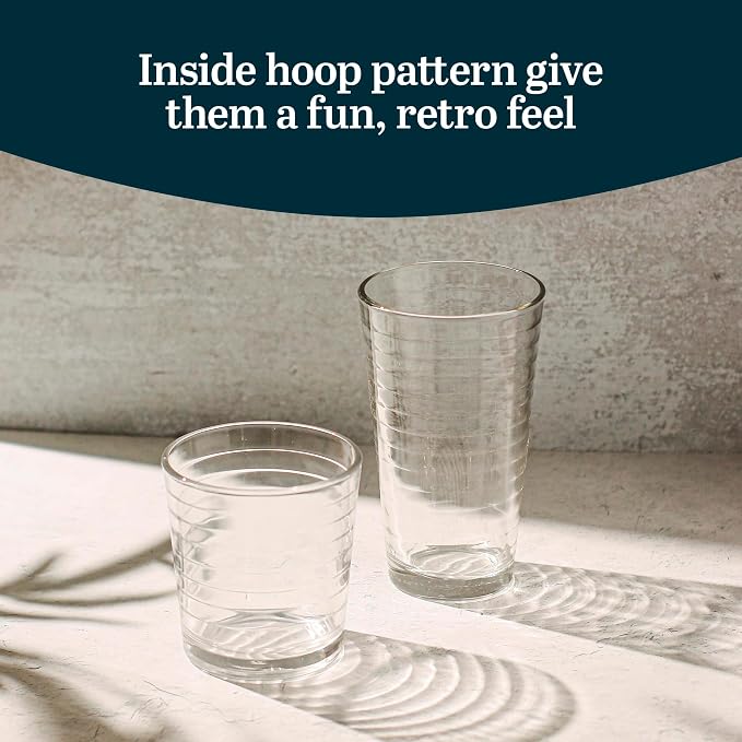 Libbey Hoops Tumbler and Rock Glass Set, Two Sized Nostalgic Retro Glass Cups Set, Dishwasher Safe Glasses Drinking Set of 16 for Any Occasion - Image 4