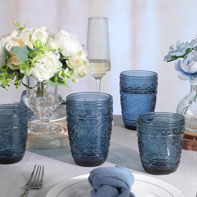 abrwyy Blue Drinking Glasses, Blue Glassware, 14oz Vintage Drinking Glasses | Lead-Free Glass, Thick&Durable Glass, Home Decoration, Drinking Glasses Set of 6 - Image 4