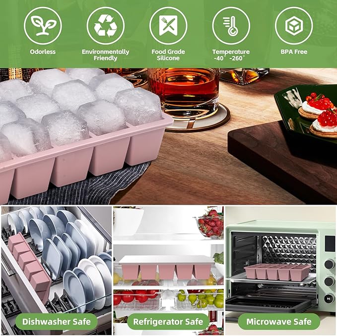 FANYITY Silicone Ice Cube Trays 2-Pack with Locks lids,Easy Release Ice Molds for Freezer,Perfect for Cocktails, Whiskey, Coffee