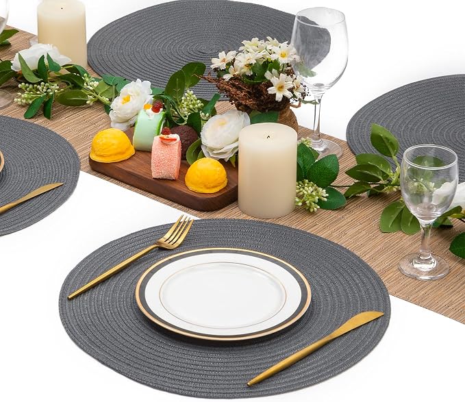 SHACOS Round Placemats Set of 6 Washable 15 inch Round Table Mats Cotton Polyester Woven Braided Place Mats for Dining Table (Charcoal Gray, 6) - Image 6