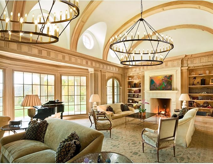 60 Inch Farmhouse Wagon Wheel Chandelier, 2 Tier 54-Lights Round Chandelier for Living Room, Rustic Black and Gold Chandelier, Extra Large Foyer Chandeliers for High Ceilings, for Staircase, Entryway - Image 6