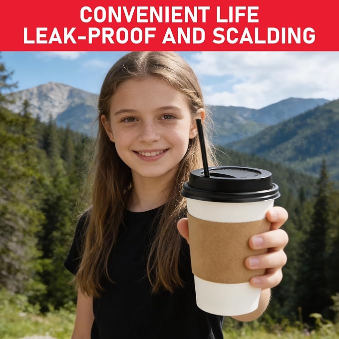 12 oz Paper Coffee Cups with Lids 100 Pack, Disposable Hot Coffee Cups with Lids, Sleeves and Stirring Sticks, To Go Cups, for Parties, Picnic, Travel, and Events - Image 7