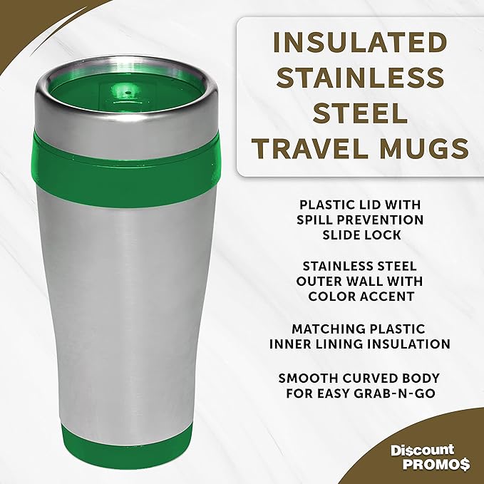 DISCOUNT PROMOS Insulated Stainless Steel Travel Mugs 16 oz. Set of 10, Bulk Pack - Perfect for Coffee, Soda, Other Hot & Cold Beverages - Green