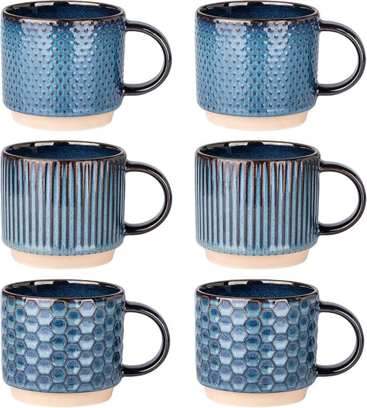 GBhome 12 OZ Stackable Coffee Mugs Set of 6, Ceramic Coffee Cups Set | 3 Assorted Designs, Embossed Mugs with Texture Patterns for Tea/Coffee, Dishwasher&Microwave Safe, Deep Sea by GBhome