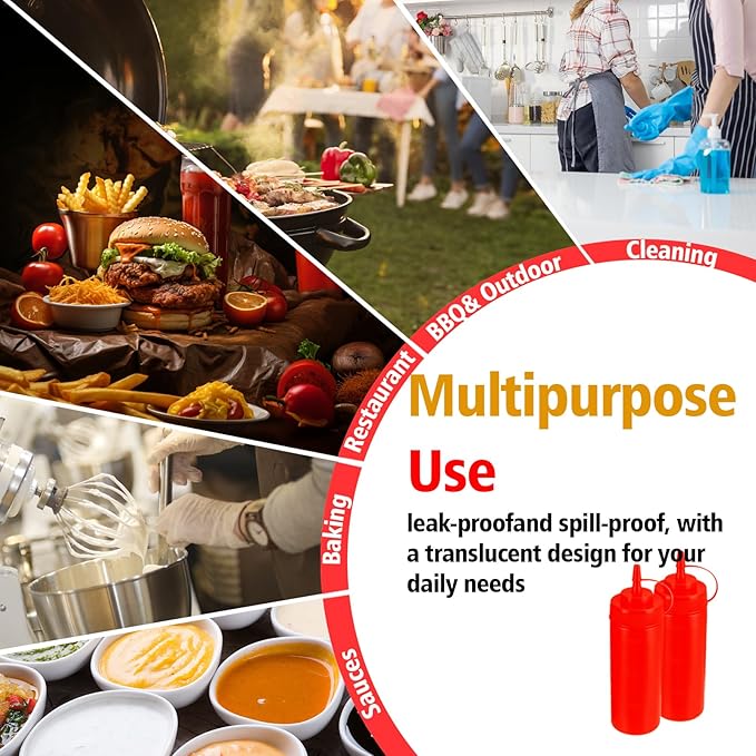Squeeze Bottles for Sauces,Leak-Proof Condiment Dispenser, BPA-Free Kitchen Restaurant Squeeze Bottle Set with Wide Mouth for Ketchup, Mustard,Syrup,Dressings (Red, 4Pack-24oz(600ml))