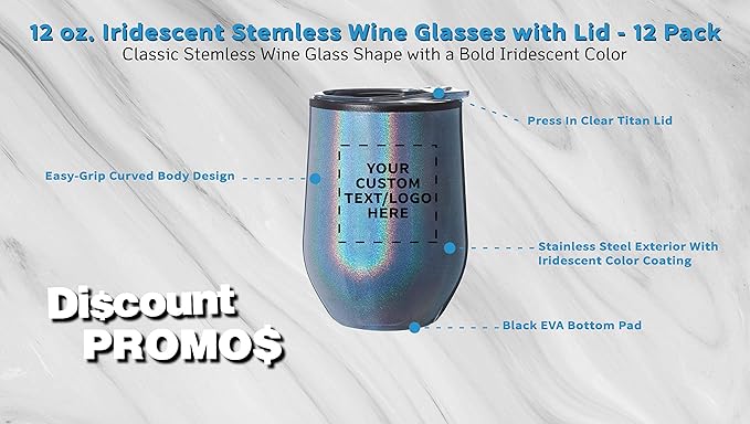 Custom Palmera Stemless Wine Tumblers with Lids 12 oz. Set of 12, Personalized Bulk Pack - Perfect for Wine, Cocktails, Other Hot & Cold Beverages - Iridescent Blue