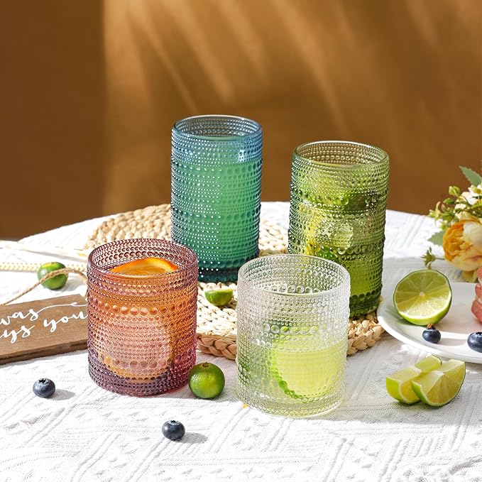 Moretoes Colored Hobnail Drinking Glasses Set of 12,Vintage Glass Cups | Mixed Glassware, 6pcs 12oz Highballs and 6pcs 10oz Old Fashioned Glasses, Great for Cocktail, Whisky and Other Beverages - Image 2