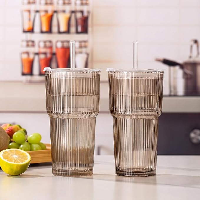 4PCS Gray Glass Cups with Lids and Straws, 20oz Vintage Drinking Glasses, Aesthetic Iced Coffee Cups, Glass Tumbler for Boba, Beer, Tea, Cocktails, Grey Ribbed Glassware Set (Gray-4) - Image 3