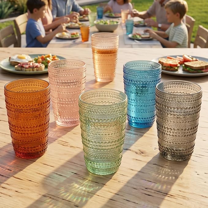 Khen Beaded Highball Tumbler Drinking Glasses Set | Set of 6 | Vintage Hobnail Bubble Design Whiskey Glassware, Old-Fashioned, Art Deco Glass for Water, Wine, Cocktail Dishwasher Safe (14.6 OZ) - Image 6