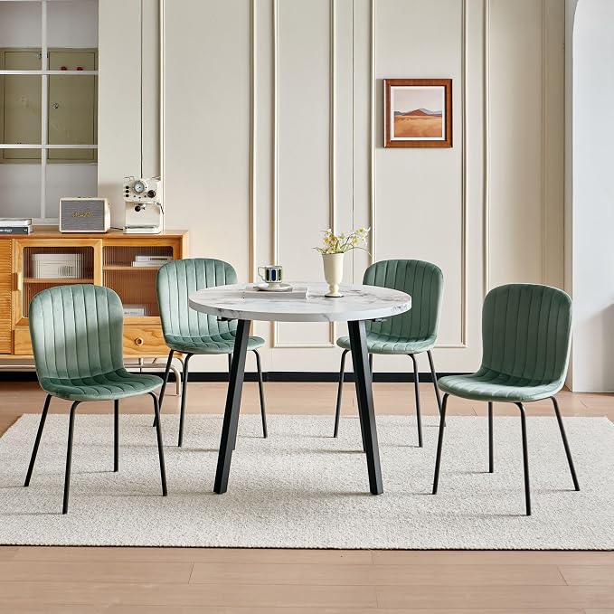 Small Round Dining Table Set for 4 People, 37" Modern Kitchen Table | 5-Piece Set, Faux White Marble MDF table, 4 Green Velvet Chairs, Easy Assembly, Space-saving, Fits Small Dining Room - Image 6