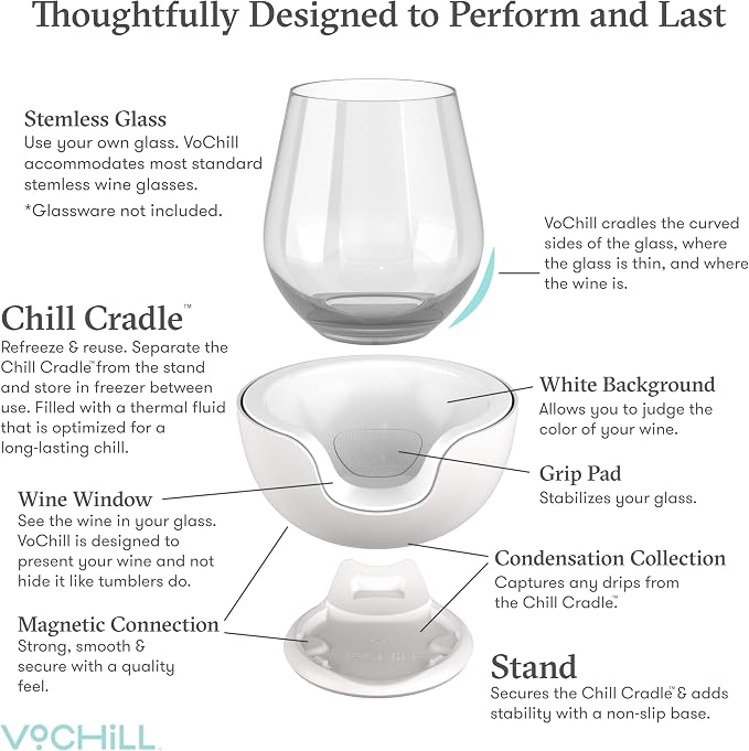 VoChill Stemless Wine Glass Chiller | Keep the Chill In Your Glass | Made In USA | Separable & Refreezable Chill Cradle | Actively Chills Stemless Glassware | Stone, Single Stemless - Image 4