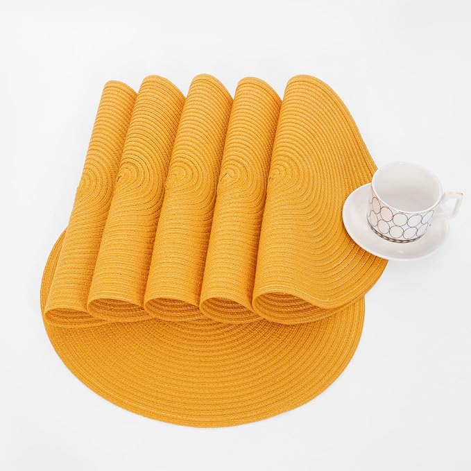 SHACOS 15 inch Round Braided Placemats Set of 6 Non Slip Washable Kitchen Table Place Mats Cotton Polyester Heat Resistant Table Mats for Home Wedding Dinner Party Table Decor, Mustard Yellow - Image 9