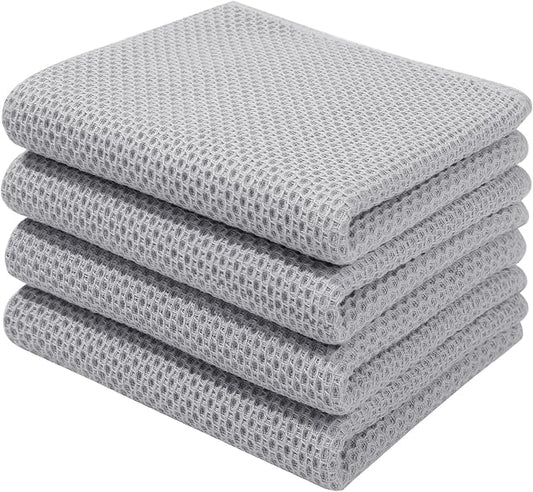 Homaxy 100% Cotton Waffle Weave Kitchen Dish Towels 4-Pack, Light Gray | 13 x 28 Inches, Ultra Soft Absorbent Dish Towels, Quick Drying Cleaning Towels by Homaxy