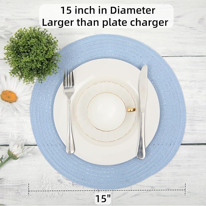 SHACOS Round Braided Placemats Set of 8 Washable 15 inch Round Non Slip Table Place Mats for Dining Tables Wedding Party Decor (Light Blue, 8) - Image 5