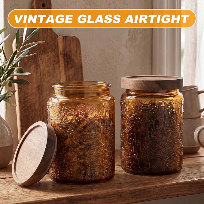 LemonRoad 2 Pcs Vintage Brown Glass Storage Jars 23.7 oz Mason Jar Canister with Wood Lids Food Storage Container for Cookie, Pantry, Candy Kitchen, Coffee, Tea, Flour, Sugar, Decorative Home Decor - Image 6