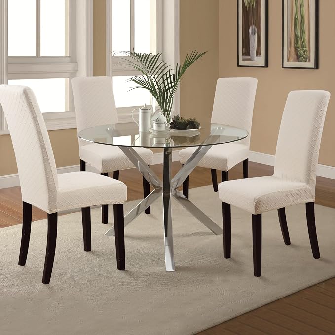 Fuloon Dining Chair Slipcover, Stretch Parson Chair Protector for Home | Waterproof Rhombic Jacquard-beige, Set of 2, Super Fit, Removable, Suits for Hotel, Dining Room, Ceremony, Banquet Party - Image 5