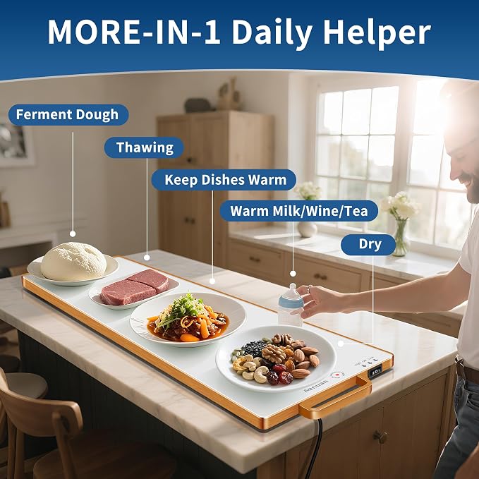 Warming Trays for Buffets Party,31.5"x11.8",Tempered Glass Warmer Mat,White | Keep Food Warm, Gold Handles Food Warming Mat for Daily Use, With Thermostat, Button Temperature Control, Full Surface Warm - Image 3