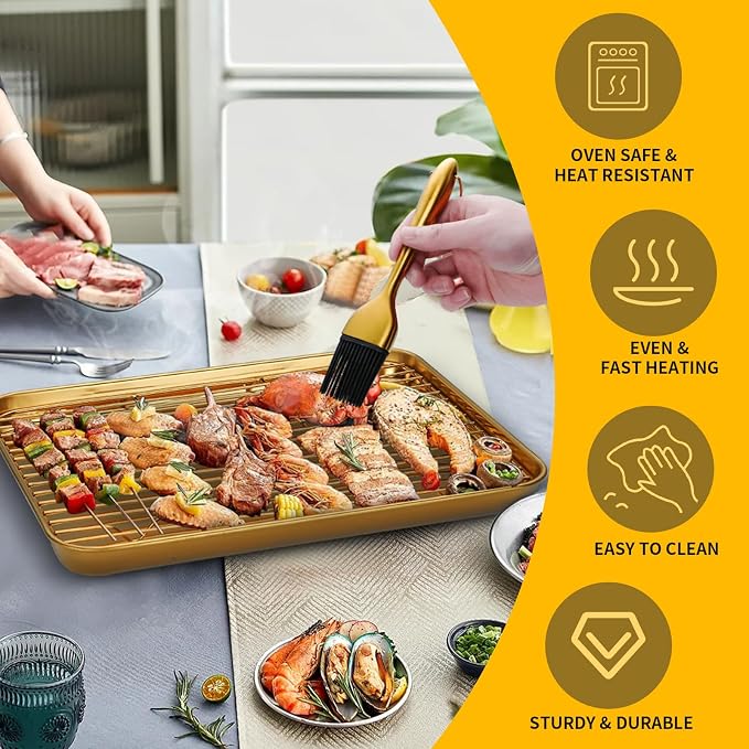 DOCBLACK Baking Sheet with Wire Rack and Silicone Pastry Basting Brush Set, Stainless Steel Cookie Sheet Baking Tray & Cooling Rack & Silicone Food Brush for Cooking and Oven, Dishwasher Safe-Gold - Image 5
