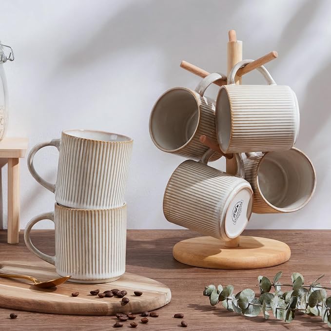 E-far 12 oz Coffee Mugs Set of 6, Stoneware Coffee Cups with Handle for Man Woman, Modern Ribbed Ceramic Tea Mugs for Latte Cocoa Milk, Microwave & Dishwasher Safe, Creamy Beige - Image 7