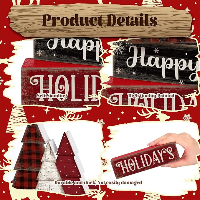 Moucuny 4 Pcs Christmas Table Decor Wooden Tree Decoration Christmas Centerpiece Winter Tiered Tray Decor Decorative Red and Black Buffalo Plaid Block Signs Gift Farmhouse Xmas Decoration for Kitchen - Image 6