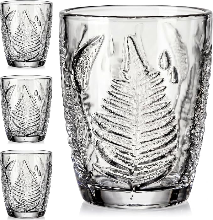 Clear Drinking Glasses Set of 4, 10 oz Glass Cups, Vintage Fern Glassware | Hand-Pressed, Dishwasher Safe, Boho Leaf-Textured Drinkware, Decorative Embossed Lowball Tumblers for Water, Retro Kitchen by QELVIO