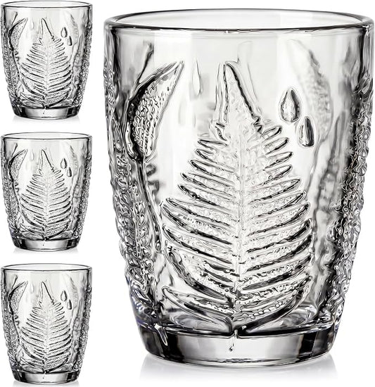 Clear Drinking Glasses Set of 4, 10 oz Glass Cups, Vintage Fern Glassware | Hand-Pressed, Dishwasher Safe, Boho Leaf-Textured Drinkware, Decorative Embossed Lowball Tumblers for Water, Retro Kitchen by QELVIO