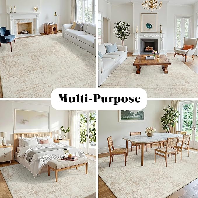 10x12 Area Rug for Living Room Bedroom: Non-Slip Modern Beige White | Machine Washable TPR Backing, Stain-Resistant Low Pile, Pet & Kid Friendly, Abstract Decor for Dining Room, Dorm, Home Office - Image 3