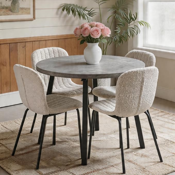 5-Pieces 37.4" Round Dining Table Set for 4,Mid Century Modern Small Coffee Table, Engineered Wood Table and Chairs Set of 4 for Kitchen, Dining Room, Office(1 Table + 4 White Boucle Chairs) by SQPFTW