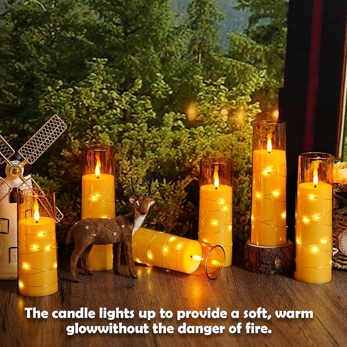 Sasigeiaa Flameless Candles with Embedded Star String - Battery Operated LED Candles, with Remote,12 Gold Flickering Candles for Christmas, Weddings, Home Decor & Party,(D 2.3"×H 5" 6" 7") - Image 5