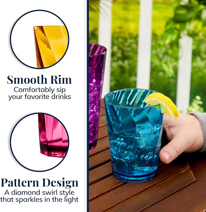 US Acrylic Optix Plastic Reusable Drinking Glasses (Set of 16) 14oz Rocks & 20oz Water Cups in Jewel Tone Colors | BPA-Free Tumblers, Made in USA | Top-Rack Dishwasher Safe - Image 4