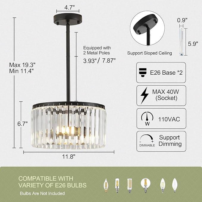 Modern 12" Black Semi Flush Mount Crystal Ceiling Light Fixtures for Dining Room Luxury Glam 2-Light Small Chandeliers Lighting for Bedroom Entryway Hallway Living Room Kitchen Island Foyer - Image 2
