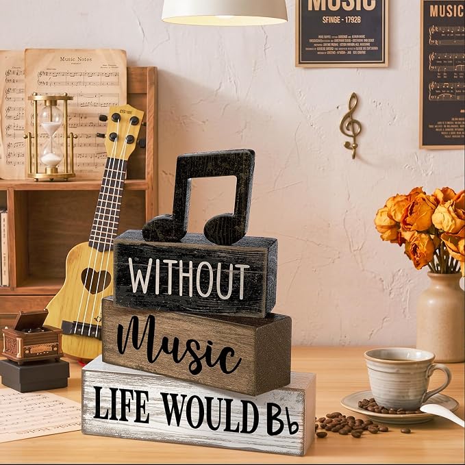 Moucuny 4 Pcs Music Notes Decor Wooden Centerpiece Musicical Party Decoration Musical Notes Theme Tiered Tray Table Signs, Farmhouse Wood Book Stack Decor Office Accessories for Music Home Room Gift - Image 7