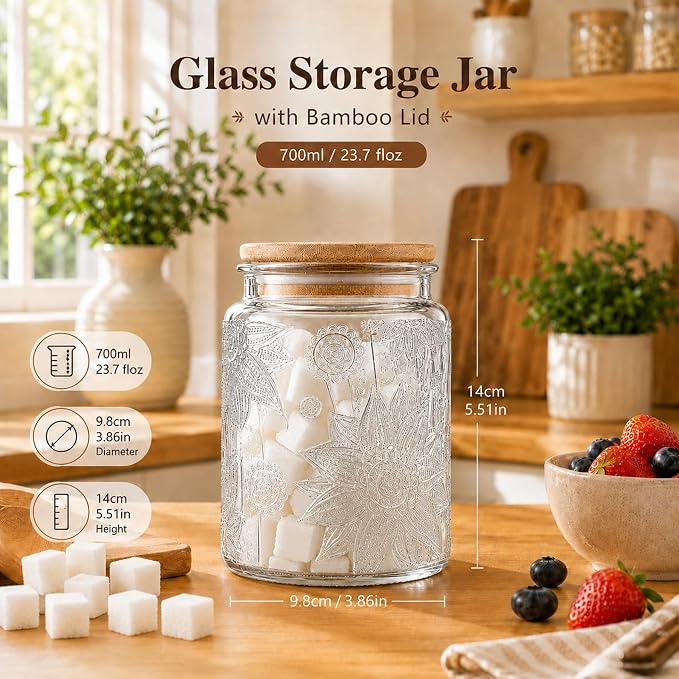Vintage Glass Jars With Lids, 23.7oz Airtight Food Storage Containers,Kitchen Canisters For Sugar, Coffee, Tea, Spice, Flour, Candy Cookie, Pasta, Cereal, Cute Decorative Jars(Sunflower*1) - Image 2