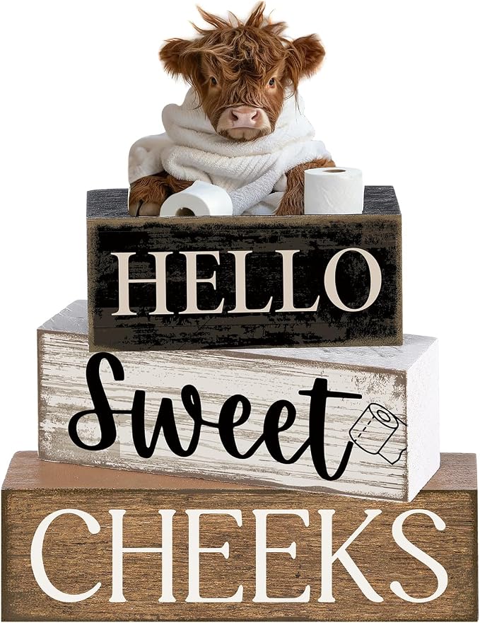 Moucuny 4 Pcs Bathroom Shelf Decor Highland Cow Farmhouse Bathroom Decor and Accessories Rustic Eucalyptus Leaves Hello Sweet Cheeks Highland Cow Sign Western Table Centerpiece for Home Office Toilet by Moucuny