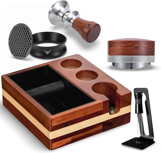 58mm Espresso Tamping Kit – Includes Calibrated Tamper, Distributor, Magnetic Dosing Funnel with Puck Screen, WDT Tool, Knock Box with Tamp Station