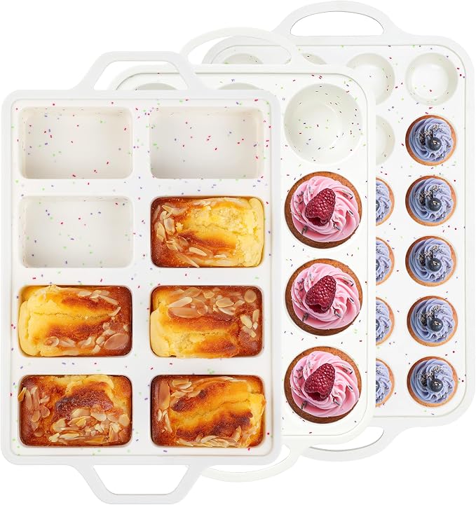 3 Pcs Silicone Baking Pan Set, Cream | Metal Reinforced Frame, Mini Loaf Pan, Standard Muffin Pan, Mini Muffin Pan by AOTASO