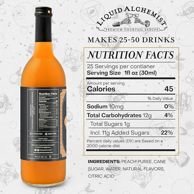Liquid Alchemist Peach Syrup for Drinks - Real Ingredients Make the Perfect Summer Cocktail or Margarita Mix - Our Peach Flavoring Syrup is Non-GMO & Vegan (25.4 oz)
