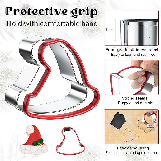 Roberly Christmas Cookie Cutters Set, 16Pcs Stainless Steel Holiday Cookie Molds with Comfort Grip for Baking Xmas Party Supplies Santa Face, Gingerbread Man, Christmas Tree, Bell, Gloves, Socks, etc