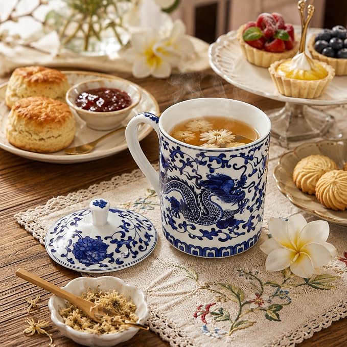Peohud Set of 2 Porcelain Chinese Tea Cup with Lid, 12 Oz Bone China Coffee Tea Mug for Travel Home Office, Dishwasher Safe, Blue Dragon - Image 9