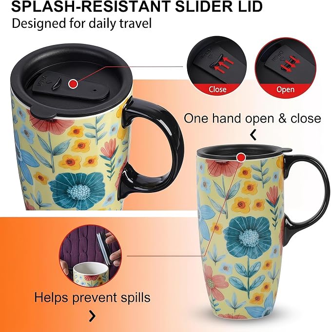Topadorn 17oz Ceramic Travel Mug with Lid, Floral Coffee Mug | Large Ceramic Travel Cup, Microwave & Dishwasher Safe, Gift Box Included - Image 5