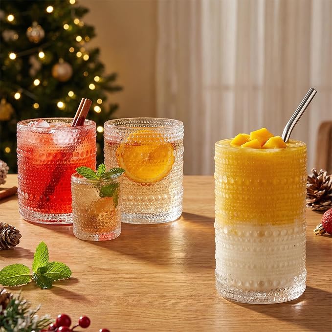CycleMore 12Pc Vintage Hobnail Drinking Glasses, 12oz 10oz 4oz Clear Cup | BPA Free, Dishwasher Safe, Multisize Vintage Hobnail Glasses. Ideal for Juice, Cocktails, Whiskey, Smoothies & Espresso - Image 2