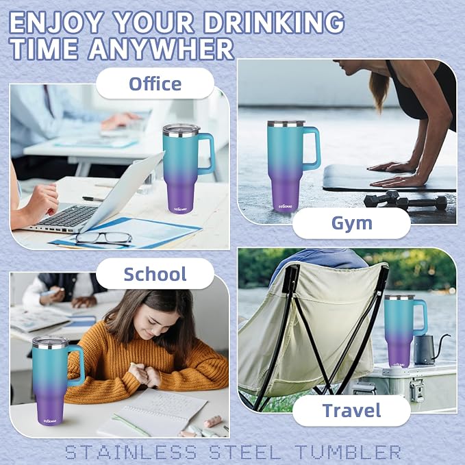 40 oz Insulated Coffee Mug with Ceramic Coating, Stainless Steel Travel Coffee Tumbler with Handle Lid and Straw, Double Wall Leak-Proof Coffee Travel Mug Keeps Drink Hot and Cold (Azure Purple) - Image 7